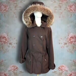 Vintage Anne Klein II Double Breasted Brown Wool & Fur Hood Cinch Waist Coat